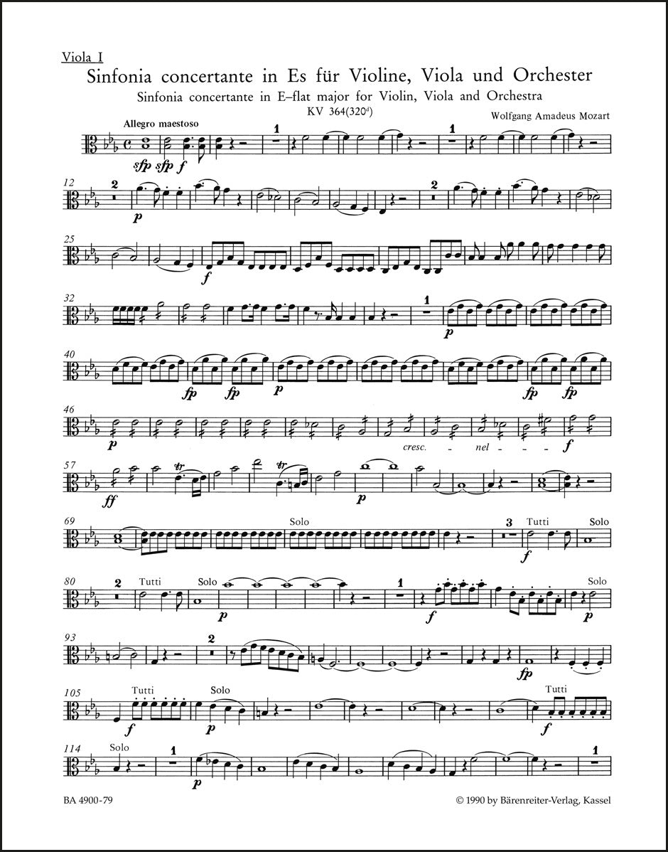 モーツァルト：交響的協奏曲 変ホ長調 K. 364 (320d) ヴァイオリン、ヴィオラと管弦楽のための（ヴィオラパート譜）