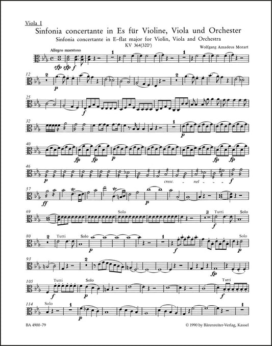 モーツァルト：交響的協奏曲 変ホ長調 K. 364 (320d) ヴァイオリン、ヴィオラと管弦楽のための（ヴィオラパート譜）