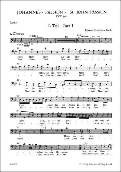 バッハ：ヨハネ受難曲 BWV 245（バス・パート譜）（バスパート譜）（10冊セット）