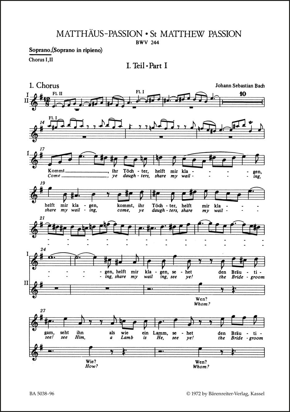 バッハ：マタイ受難曲 BWV 244（パート譜）（10冊セット）