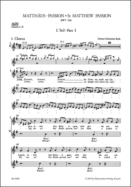 バッハ：マタイ受難曲 BWV 244 アルト（合唱声部）パート譜（アルトパート譜）（10冊セット）