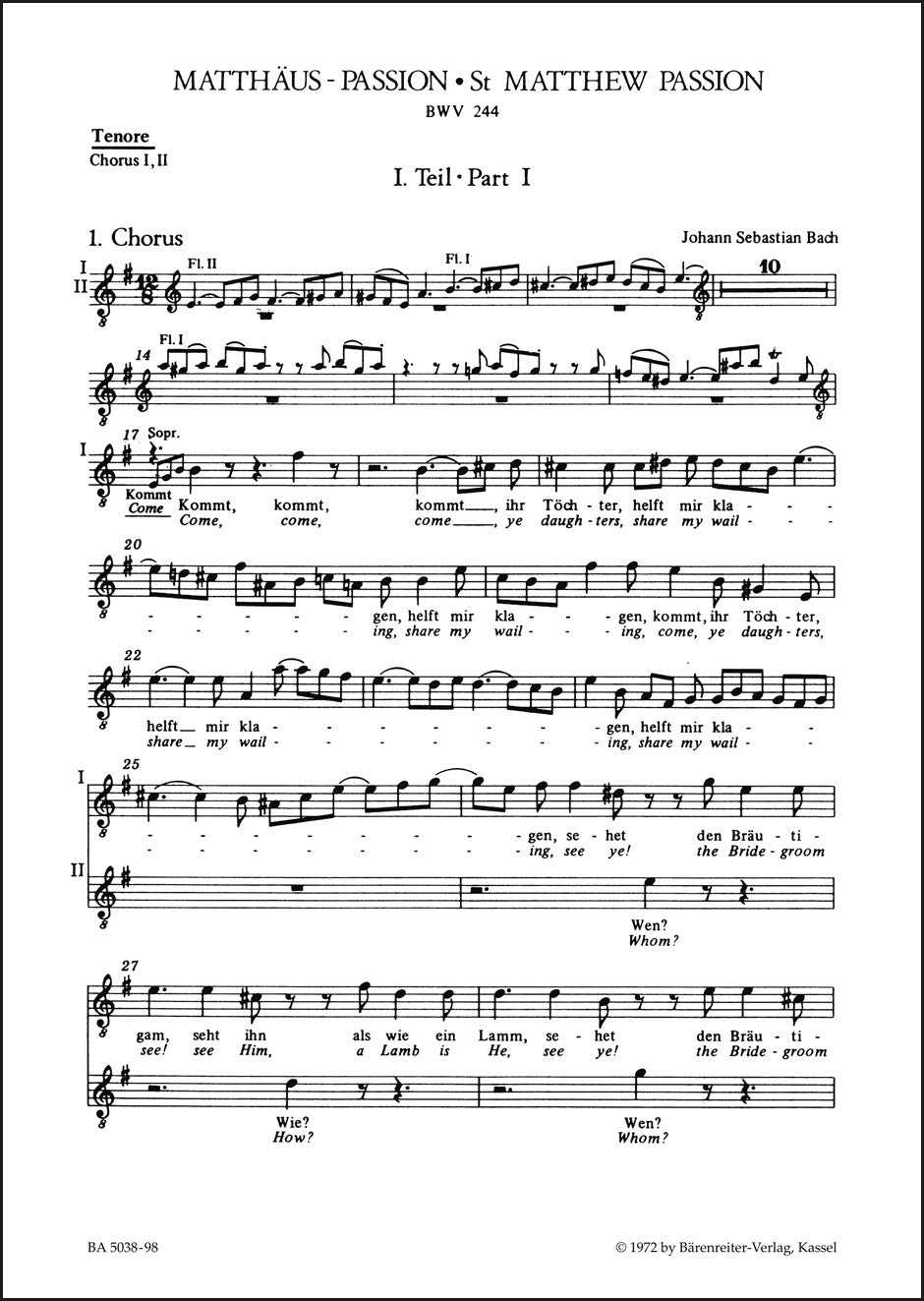 バッハ：マタイ受難曲 BWV 244（テノールパート譜）（10冊セット）