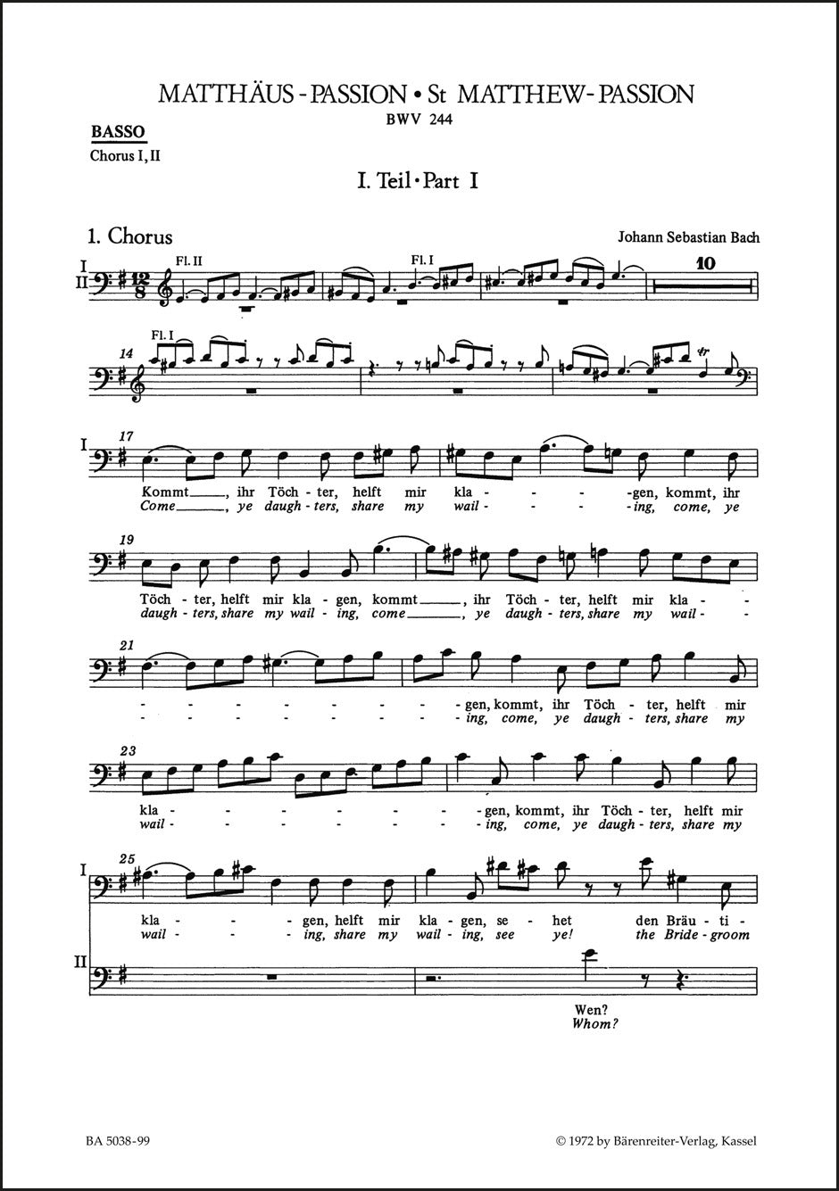 バッハ：マタイ受難曲 BWV 244（バス2声部パート譜）（バスパート譜）（10冊セット）