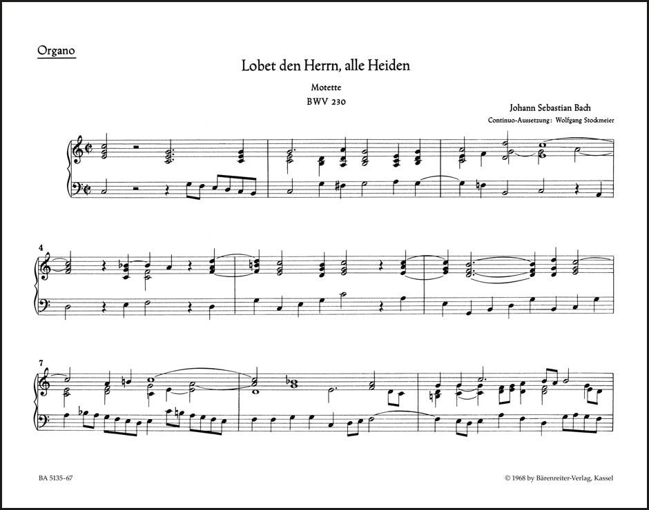 バッハ：モテット「すべての異邦人よ、主をほめたたえよ」BWV 230（オルガンパート譜）