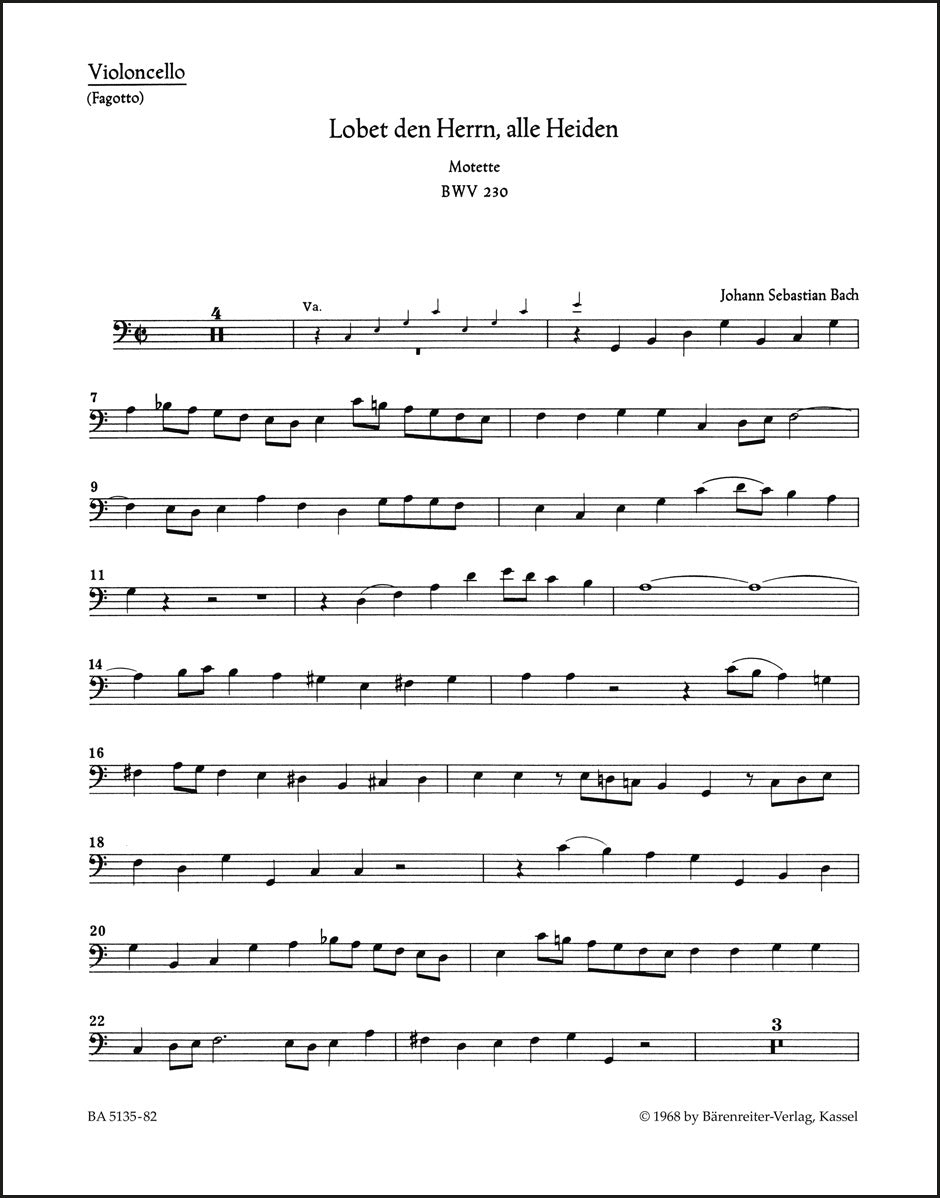 バッハ：主をほめよ、すべての民よ BWV 230（チェロパート譜）