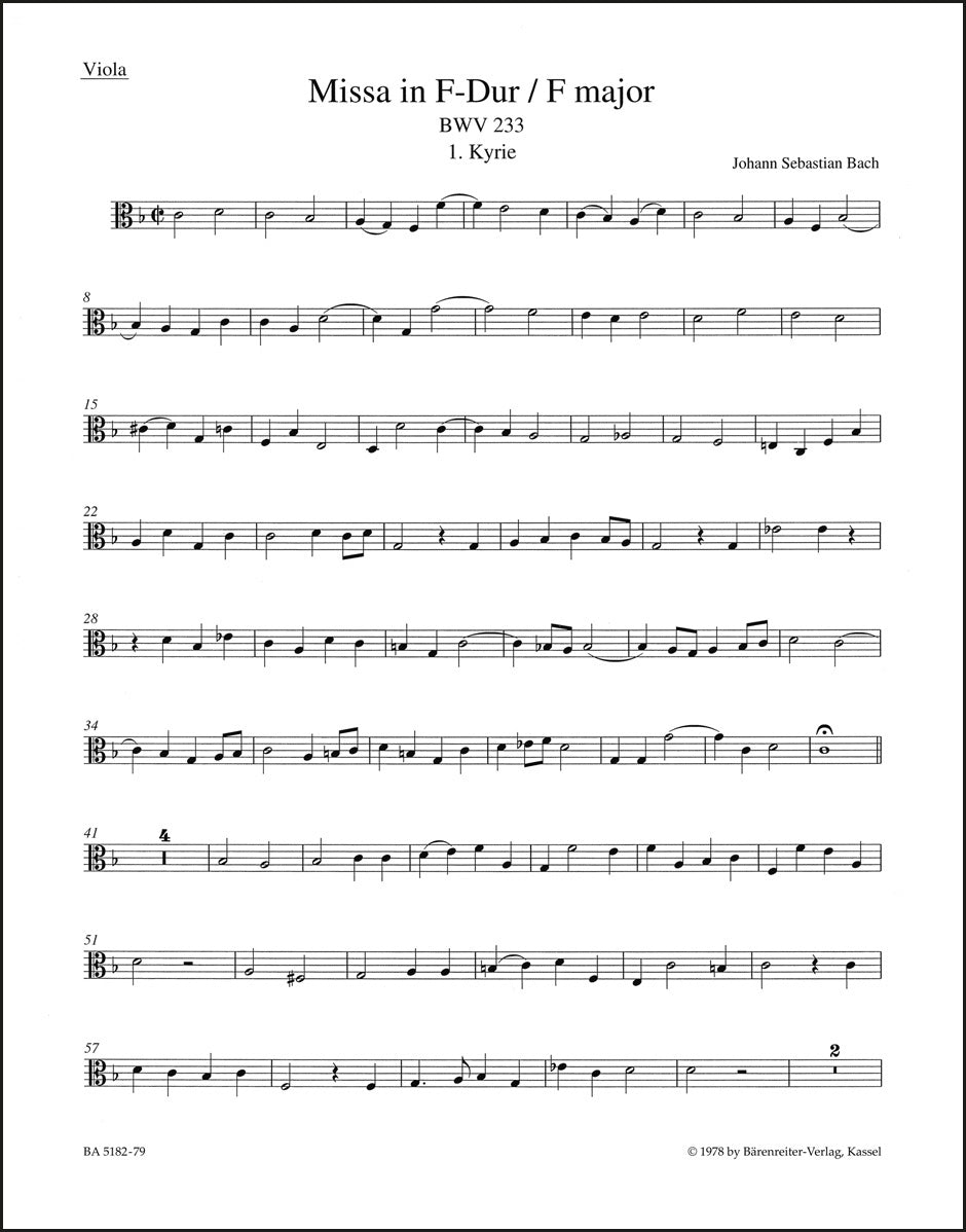 バッハ：ミサ曲 ヘ長調 BWV 233（ヴィオラパート譜）
