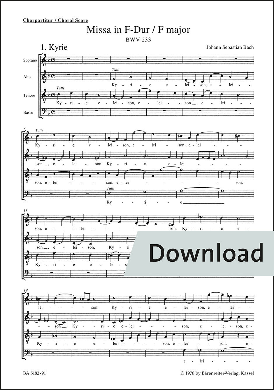合唱／バッハ：ミサ曲 ヘ長調 BWV 233（10冊セット）【デジタル版】