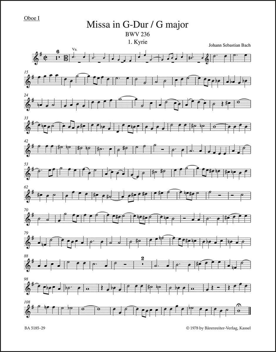 バッハ：ミサ曲ト長調 BWV 236「ルター派ミサ」（オーボエパート譜）