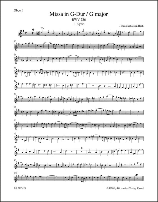 バッハ：ミサ曲ト長調 BWV 236「ルター派ミサ」（オーボエパート譜）