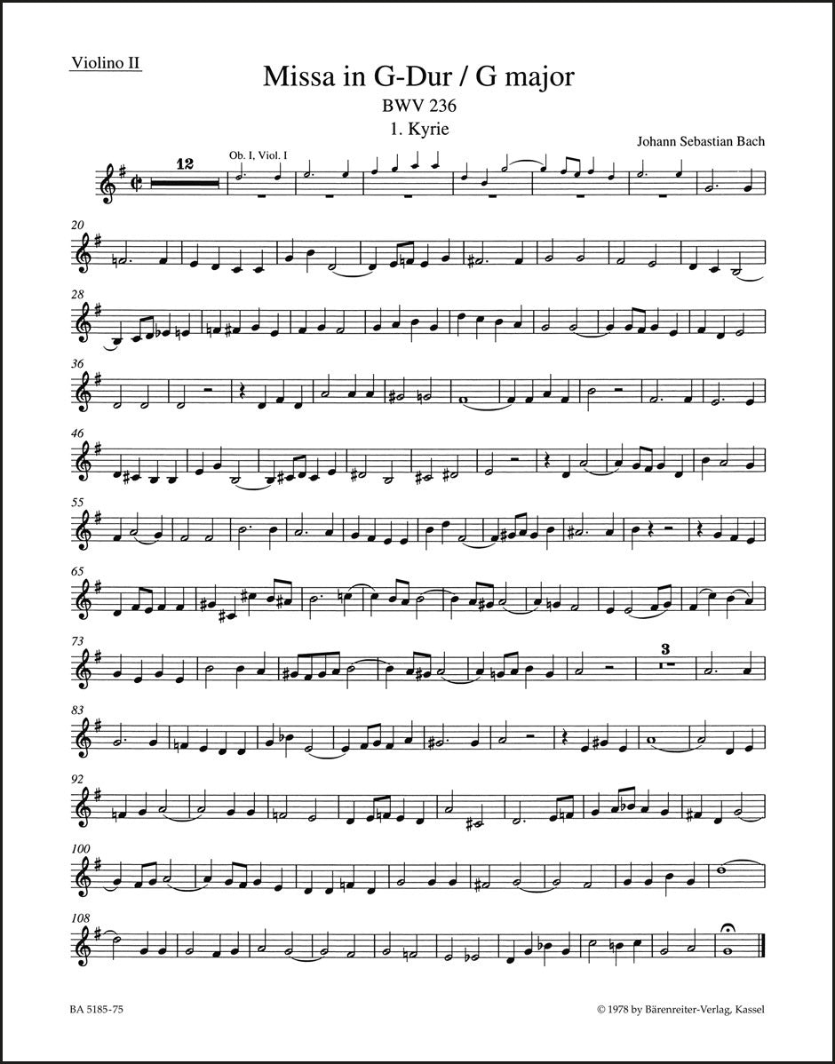 バッハ：ミサ曲 ト長調 BWV 236「ルーテル派ミサ」（ヴァイオリンパート譜）