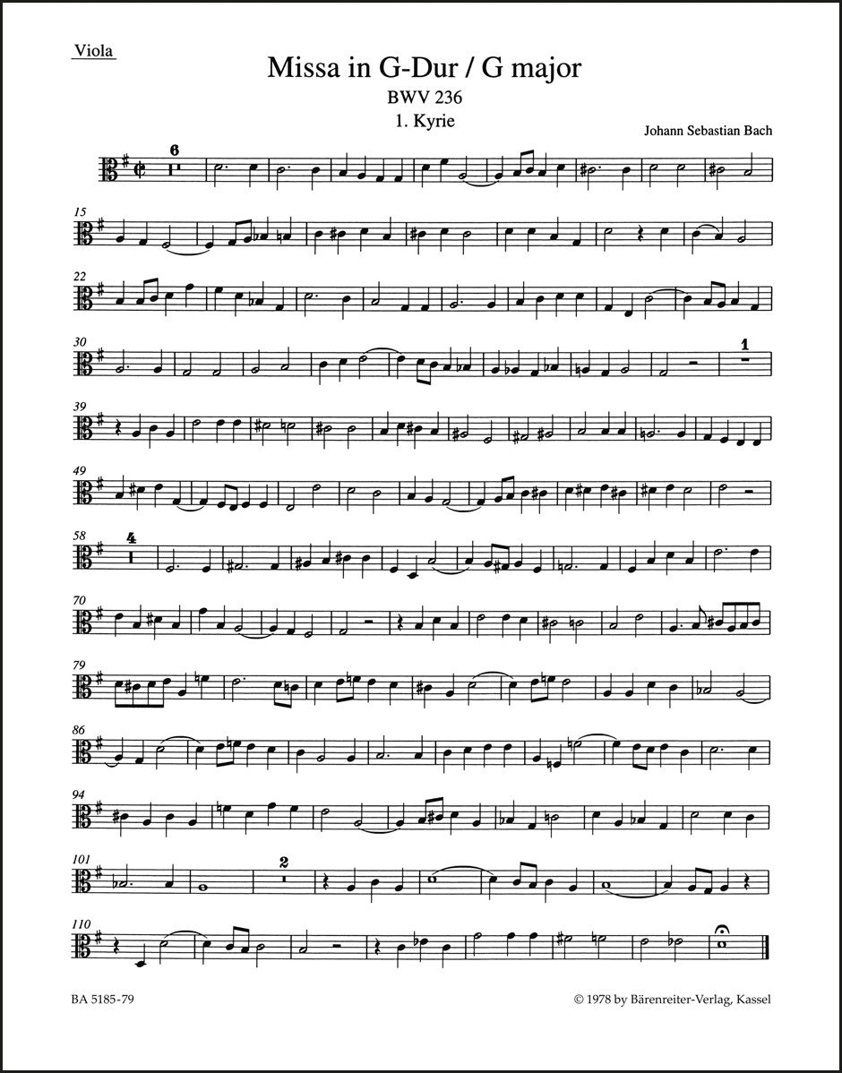 バッハ：ミサ曲 ト長調 BWV 236「ルター派ミサ」（ヴィオラパート譜）