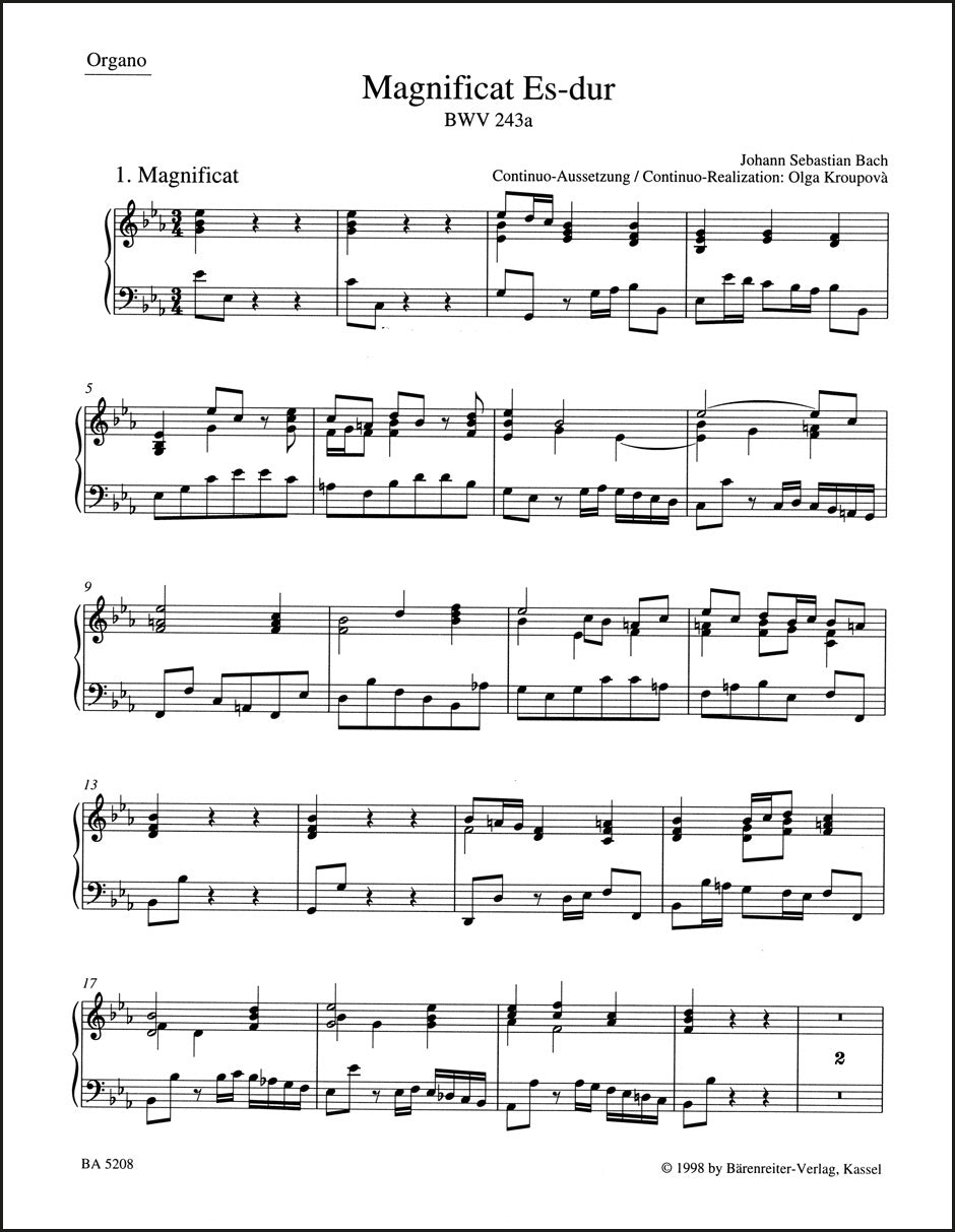 バッハ：マニフィカト 変ホ長調 BWV 243a（オルガンパート譜）