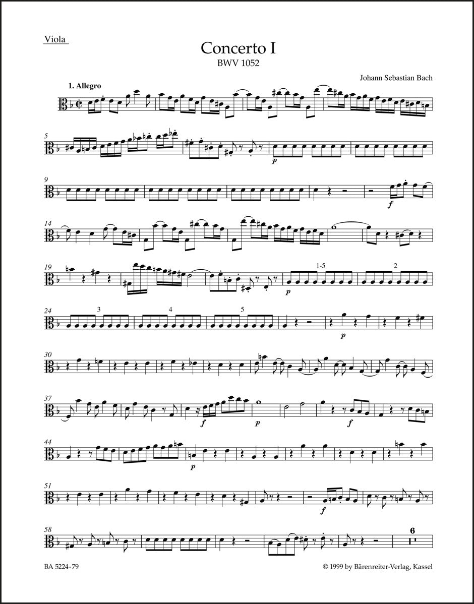 バッハ：チェンバロと弦楽のための協奏曲第1番 ニ短調 BWV 1052（ヴィオラパート譜）