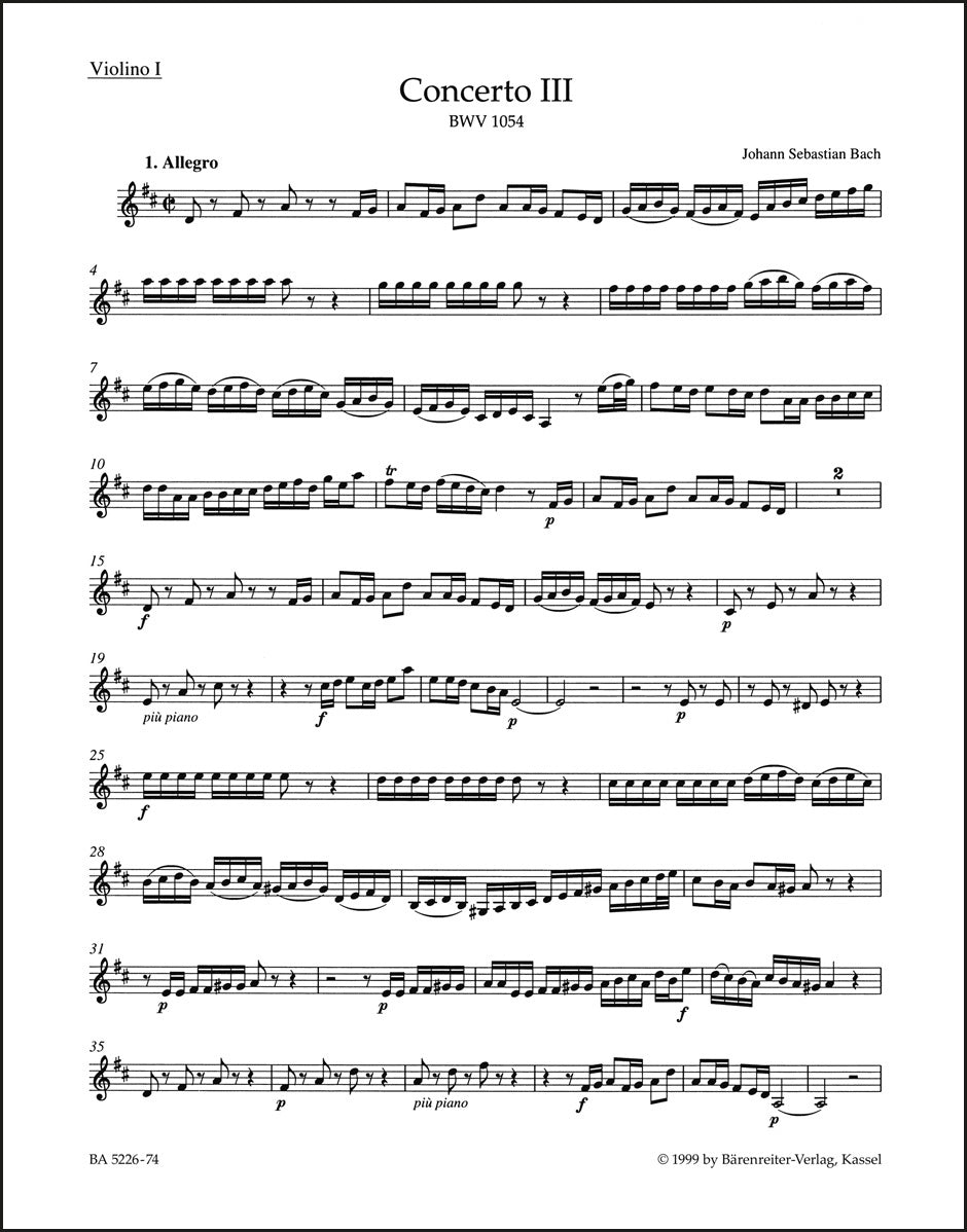 バッハ：チェンバロと弦楽のための協奏曲 第3番 ニ長調 BWV 1054（ヴァイオリンパート譜）