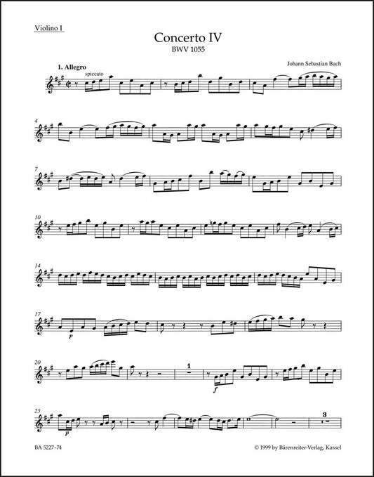バッハ：チェンバロと弦楽のための協奏曲 第4番 イ長調 BWV 1055（ヴァイオリンパート譜）