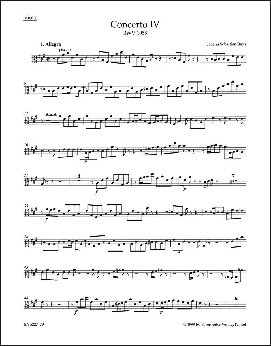 バッハ：チェンバロと弦楽のための協奏曲 第4番 イ長調 BWV 1055（ヴィオラパート譜）