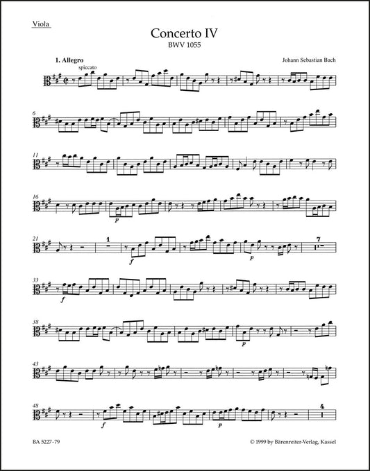 バッハ：チェンバロと弦楽のための協奏曲 第4番 イ長調 BWV 1055（ヴィオラパート譜）