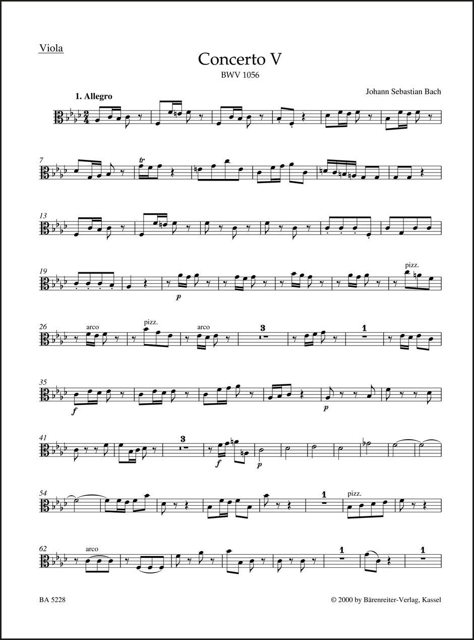 バッハ：チェンバロと弦楽のための協奏曲 第5番 ヘ短調 BWV 1056（ヴィオラパート譜）