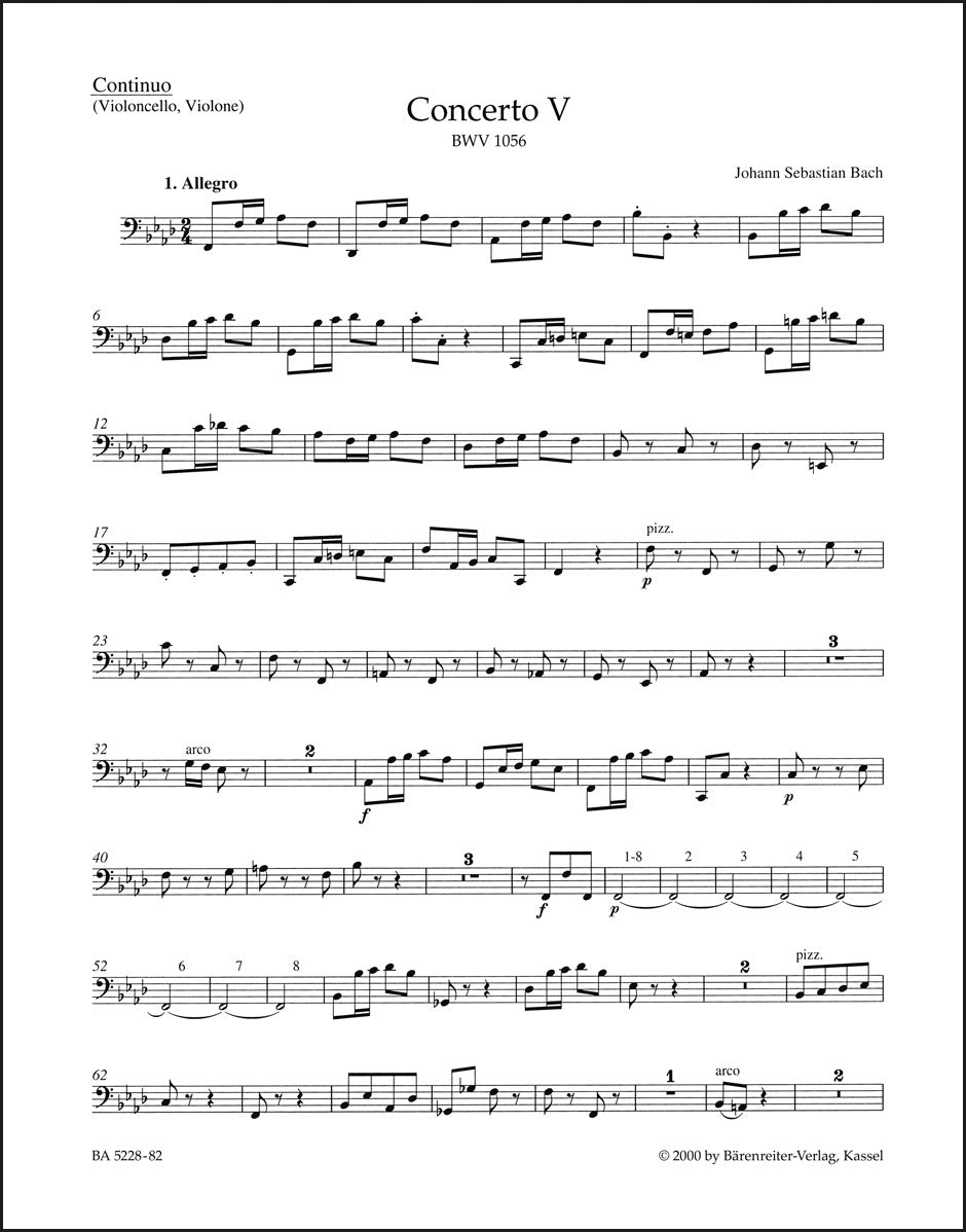 バッハ：チェンバロと弦楽のための協奏曲第5番 ヘ短調 BWV 1056（チェロパート譜）