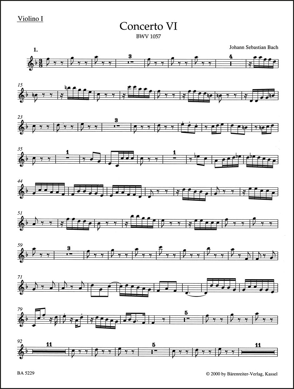 バッハ：チェンバロ協奏曲第6番 ヘ長調 BWV 1057（2本のリコーダーと弦楽のための）（ヴァイオリンパート譜）