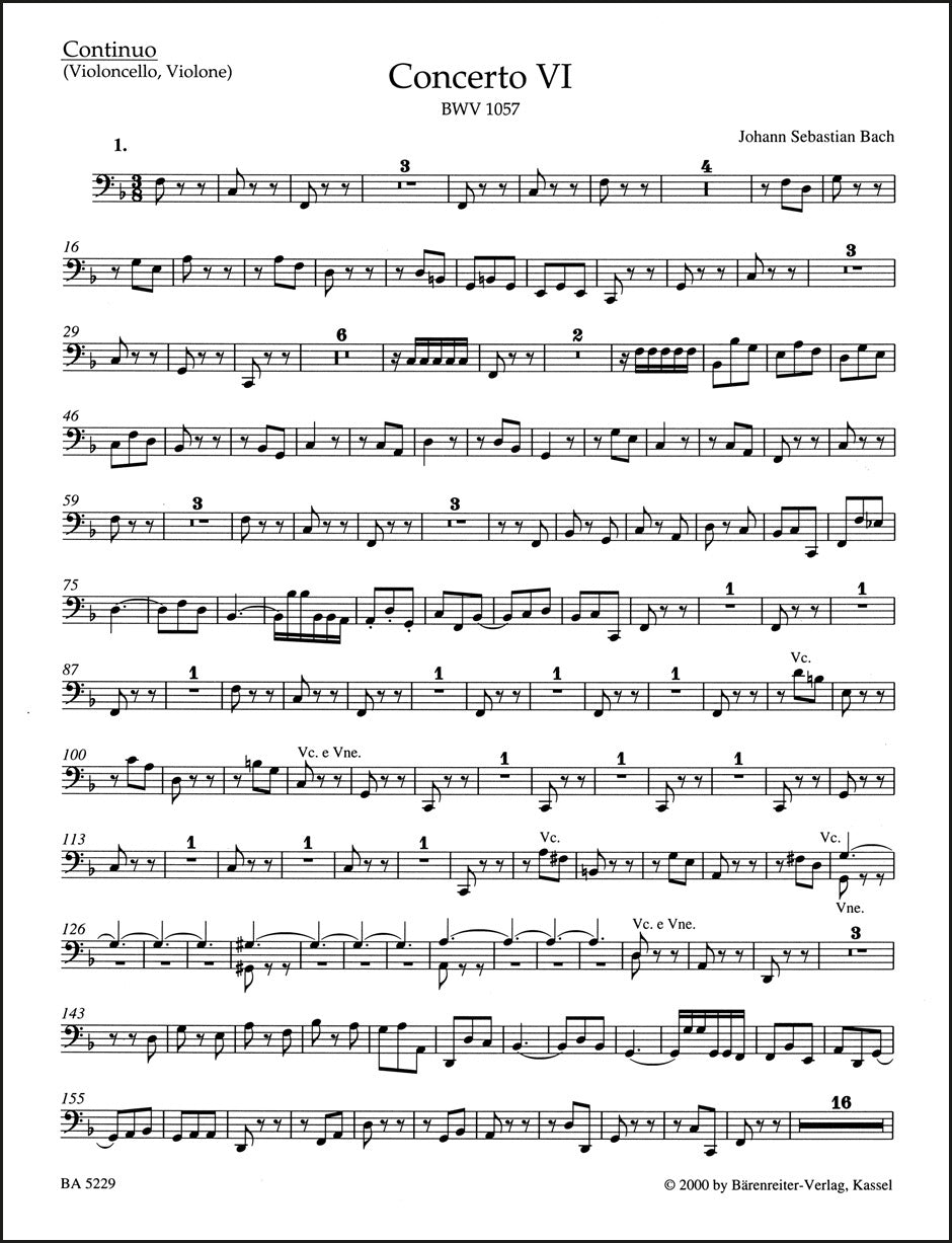 バッハ：チェンバロ協奏曲第6番 ヘ長調 BWV 1057（2本のリコーダーと弦楽のための）（チェロパート譜）