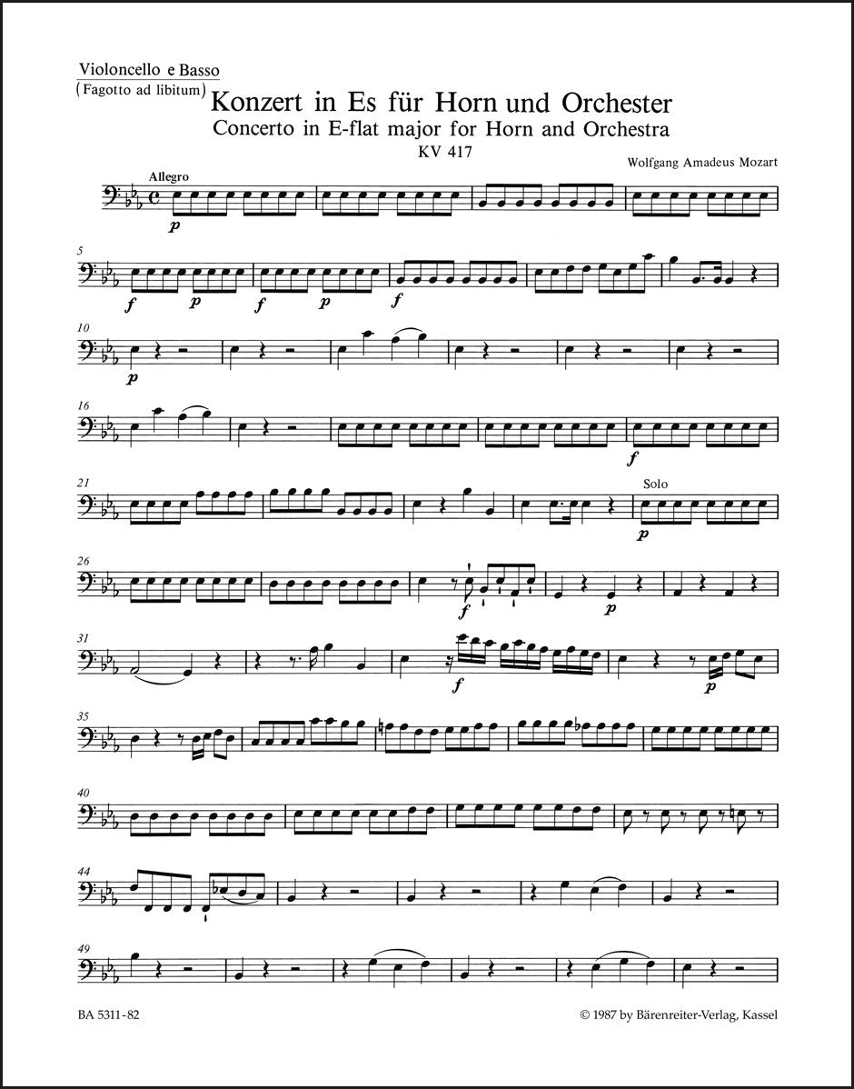 モーツァルト：ホルン協奏曲 第2番 変ホ長調 K. 417（チェロパート譜）（2冊セット）