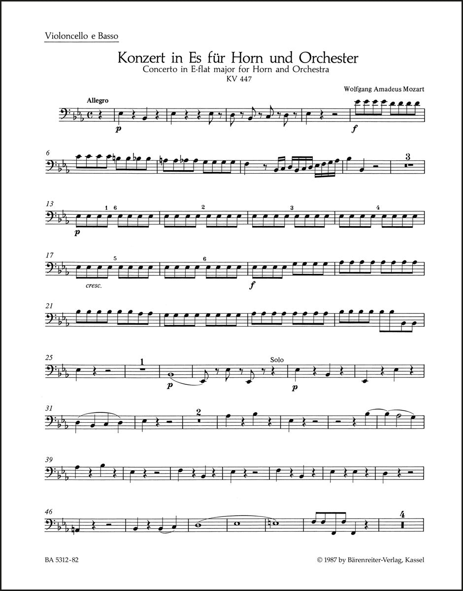 モーツァルト：ホルン協奏曲第3番 変ホ長調 K. 447（チェロパート譜）（2冊セット）