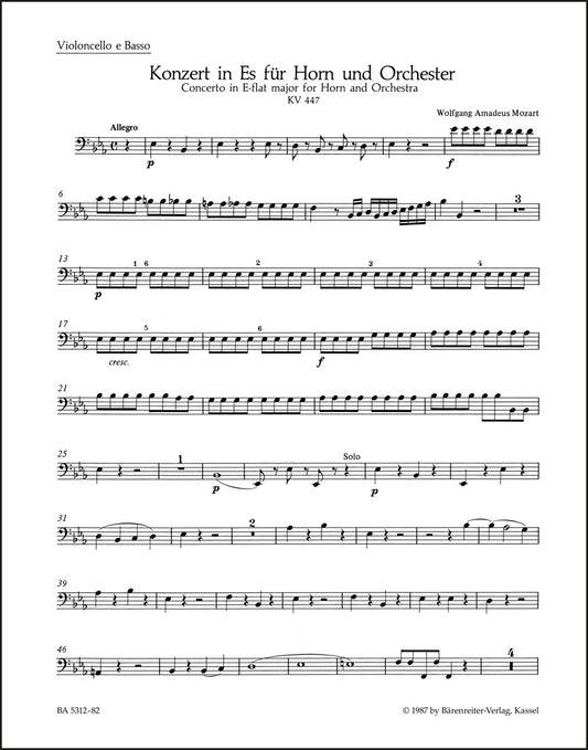 モーツァルト：ホルン協奏曲第3番 変ホ長調 K. 447（チェロパート譜）（2冊セット）