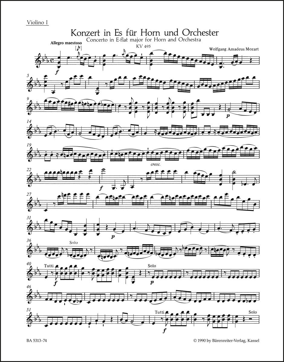 モーツァルト：ホルン協奏曲 第4番 変ホ長調 K. 495（ヴァイオリンパート譜）（3冊セット）