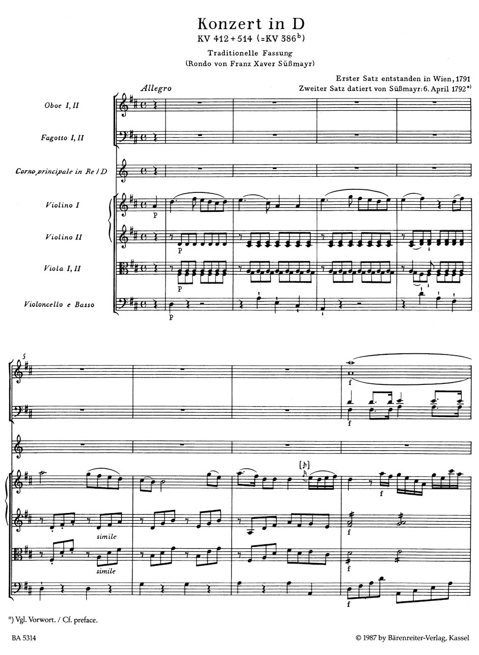ホルン／モーツァルト：ホルン協奏曲第1番 ニ長調 K. 412 + 514 (386b)