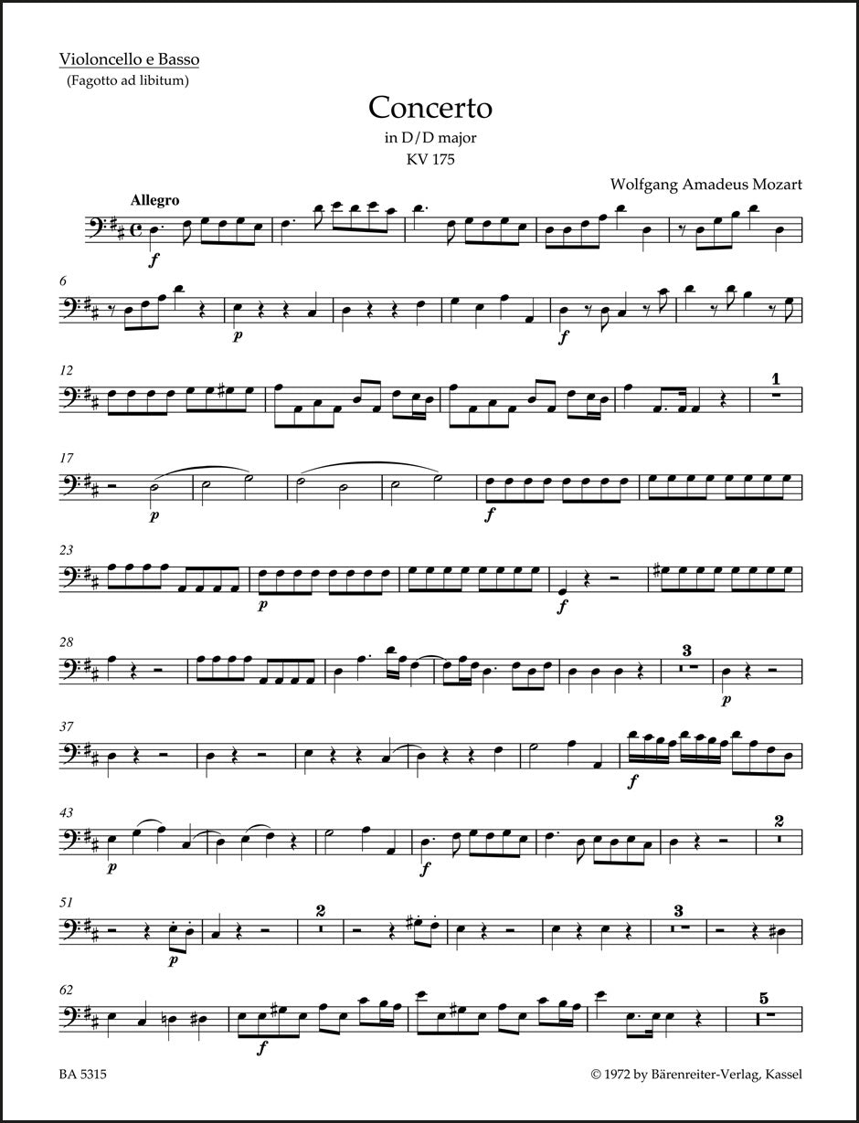 モーツァルト：ピアノ協奏曲第5番 ニ長調 K. 175, K. 382 ロンド（チェロパート譜）（4冊セット）