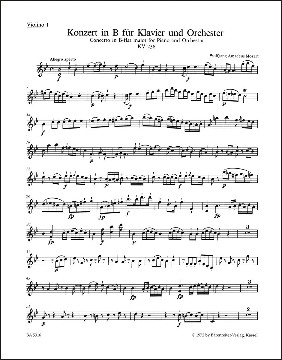 モーツァルト：ピアノ協奏曲第6番 変ロ長調 K. 238（第1ヴァイオリン・パート譜）（ヴァイオリンパート譜）（3冊セット）