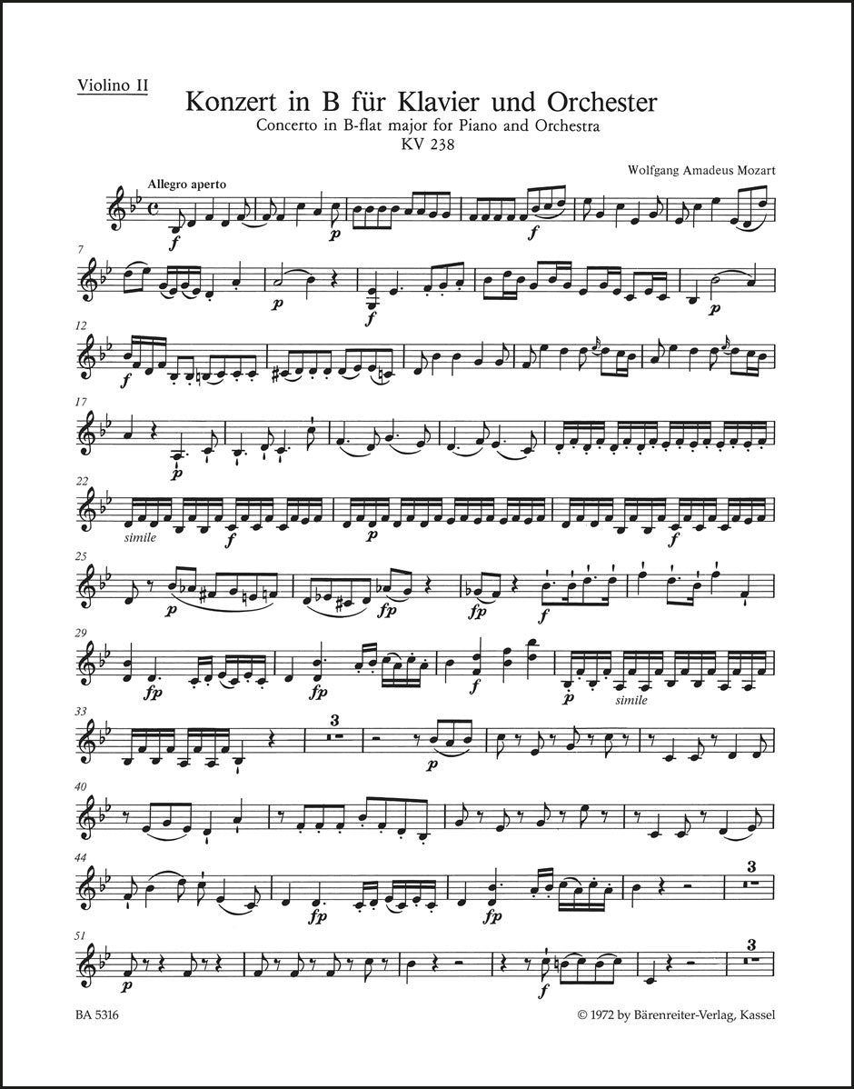モーツァルト：ピアノ協奏曲第6番 変ロ長調 K. 238（ヴァイオリンパート譜）（3冊セット）