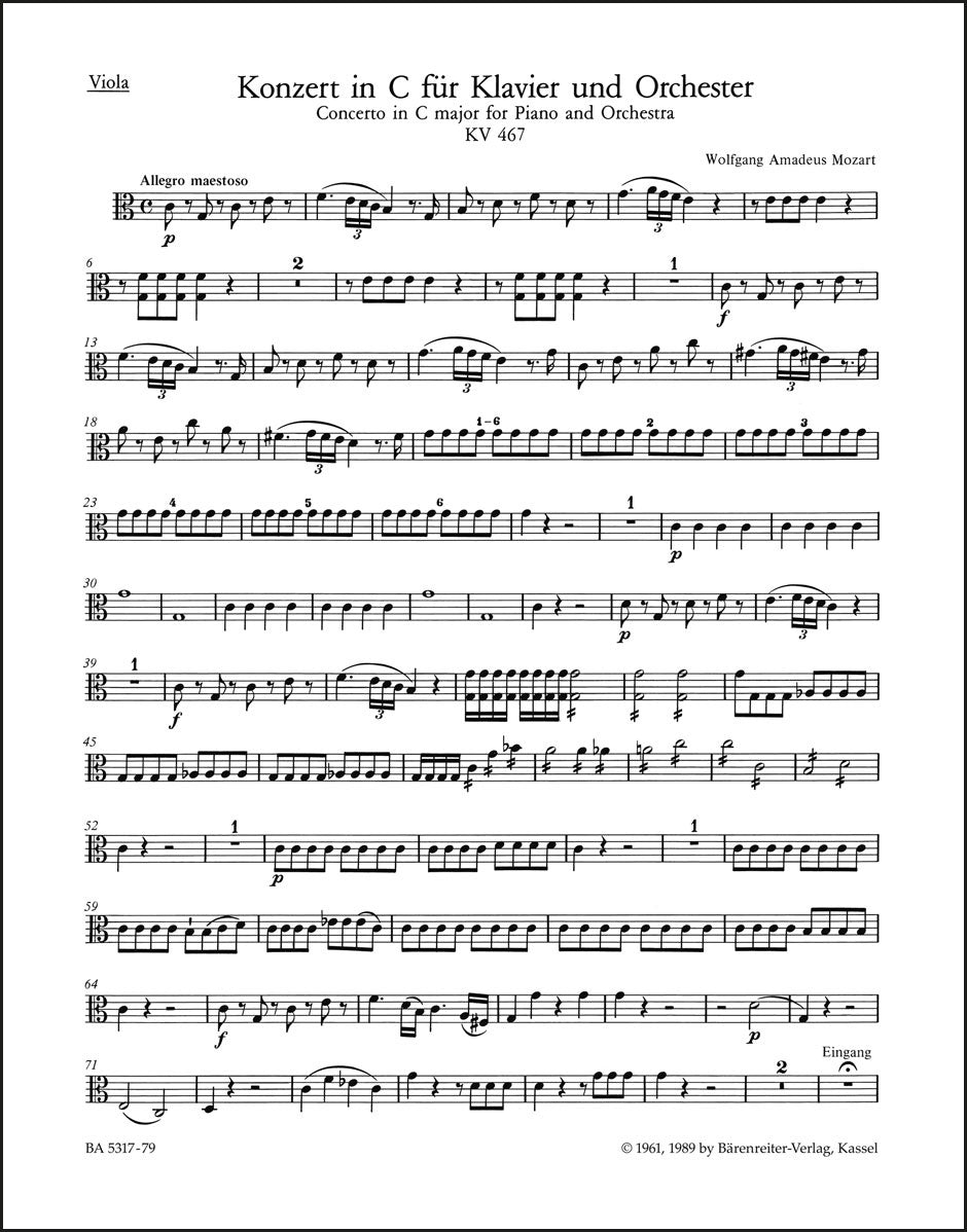 モーツァルト：ピアノ協奏曲第21番 ハ長調 K. 467（ヴィオラパート譜）（ヴィオラパート譜）（3冊セット）