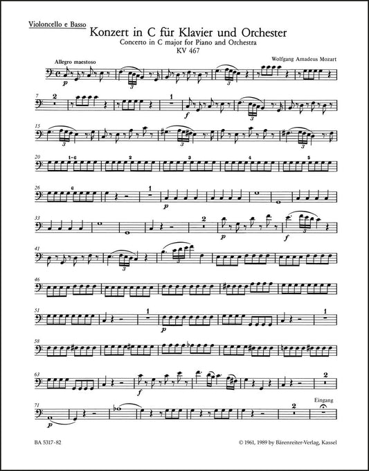 モーツァルト：ピアノ協奏曲第21番 ハ長調 K. 467（チェロパート譜）（4冊セット）
