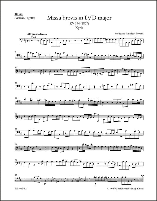 モーツァルト：ミサ・ブレヴィス ニ長調 K. 194 (186h)（バスパート譜）