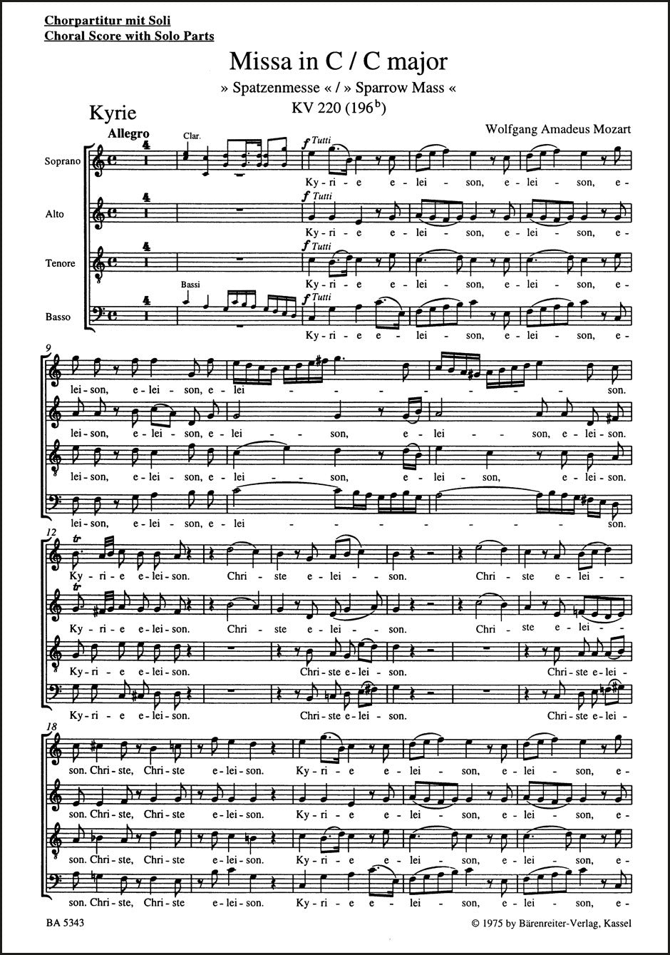 合唱／モーツァルト：ミサ曲 ハ長調 K. 220 (196b) 「すずめミサ」（10冊セット）