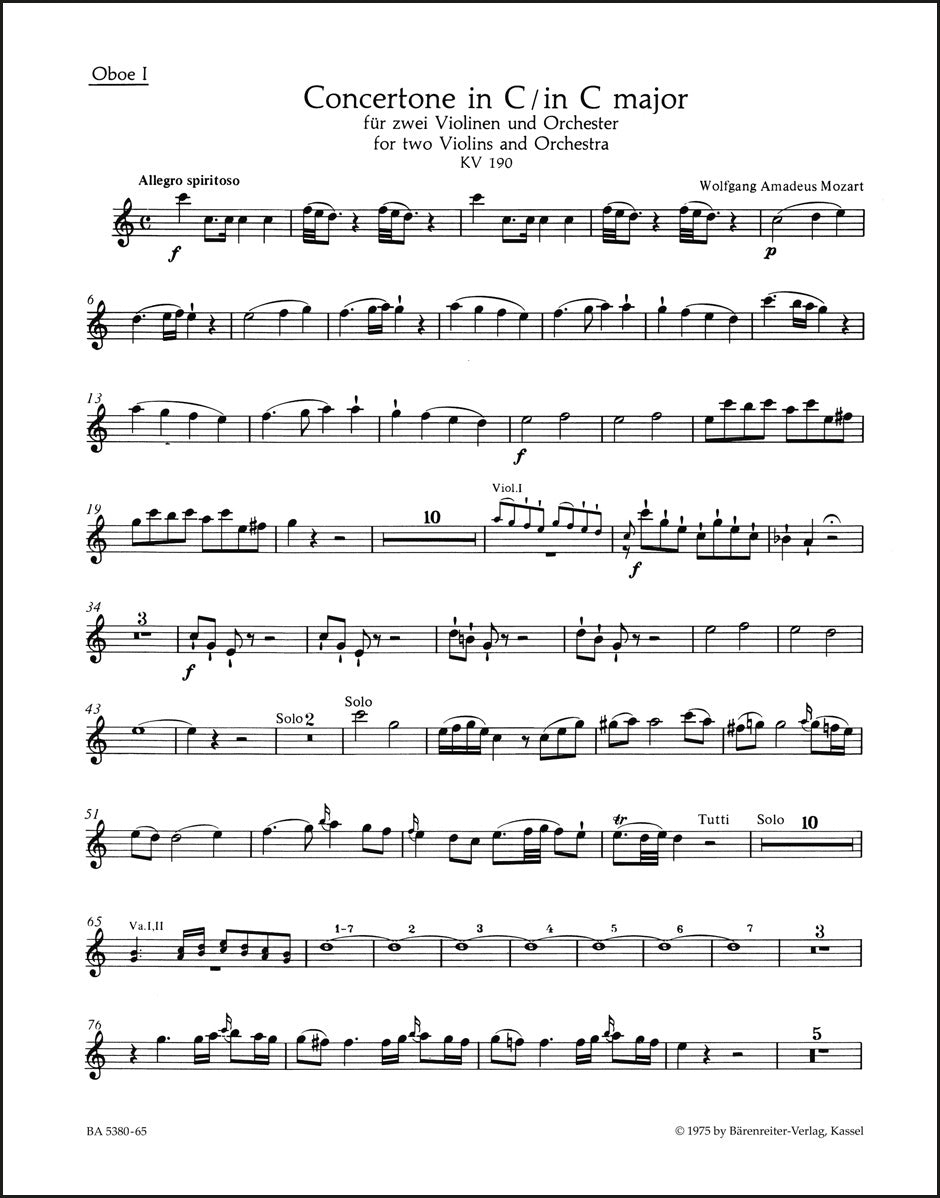 モーツァルト：2つのヴァイオリンと管弦楽のための協奏交響曲 ハ長調 K. 190 (166b; KV6:186 E)