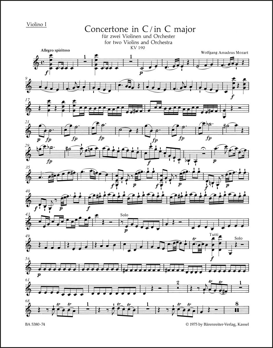 モーツァルト：2つのヴァイオリンと管弦楽のための協奏曲 ハ長調 K. 190（ヴァイオリンパート譜）（4冊セット）