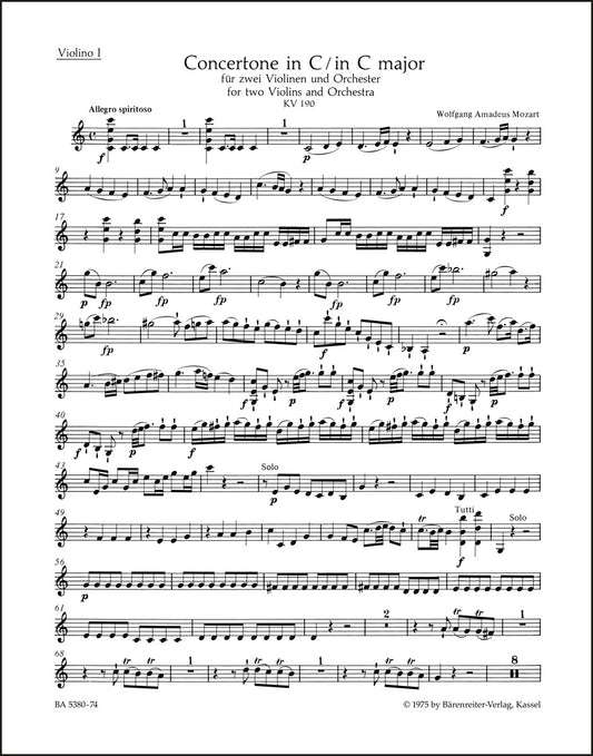 モーツァルト：2つのヴァイオリンと管弦楽のための協奏曲 ハ長調 K. 190（ヴァイオリンパート譜）（4冊セット）