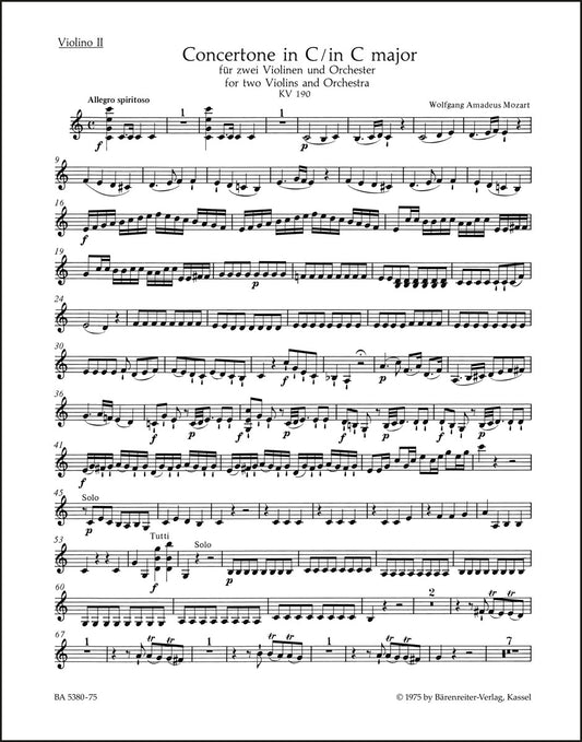 モーツァルト：協奏交響曲 ハ長調 K. 190 (166b; KV6:186 E)（ヴァイオリンパート譜）（4冊セット）