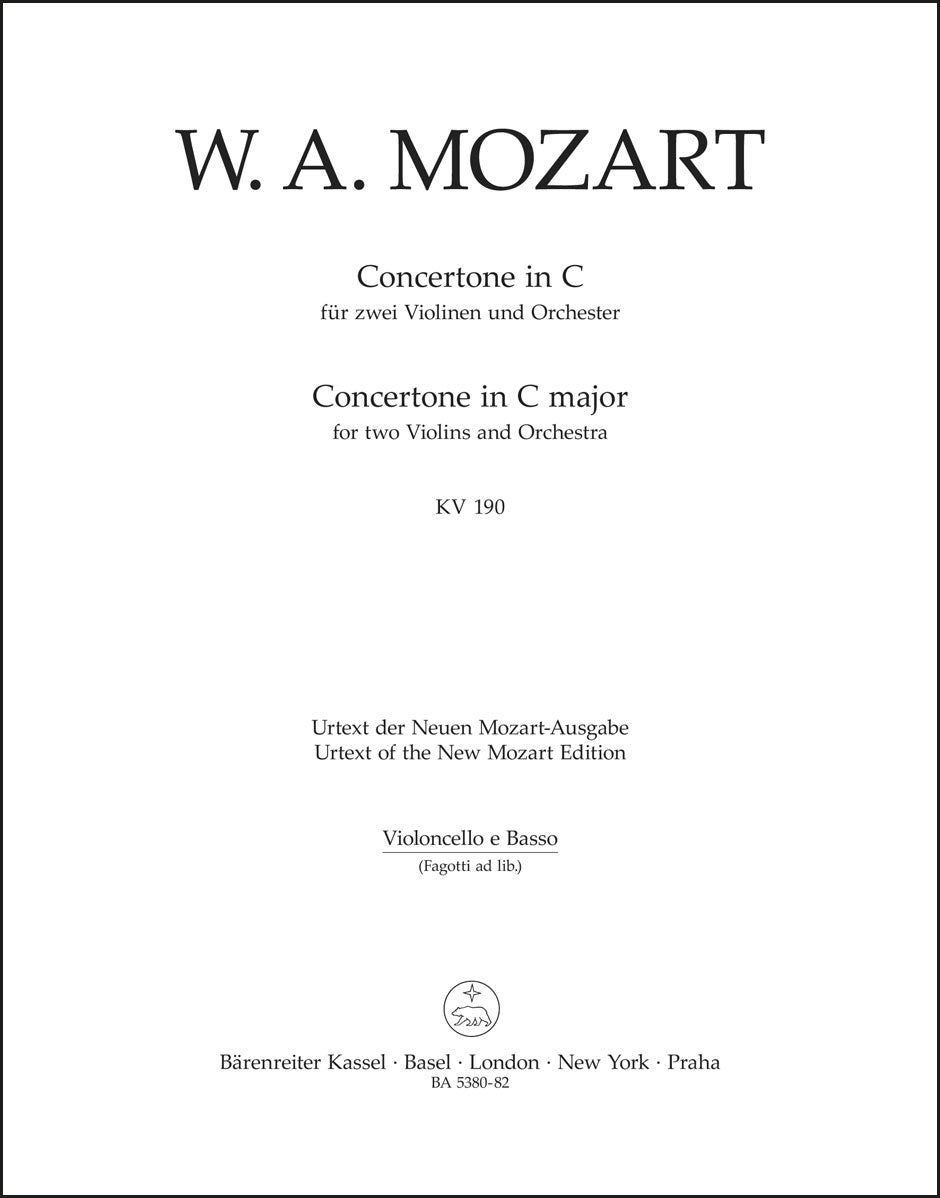 モーツァルト：2つのヴァイオリンと管弦楽のための協奏交響曲 ハ長調 K. 190 (166b; KV6:186 E)（チェロパート譜）（4冊セット）