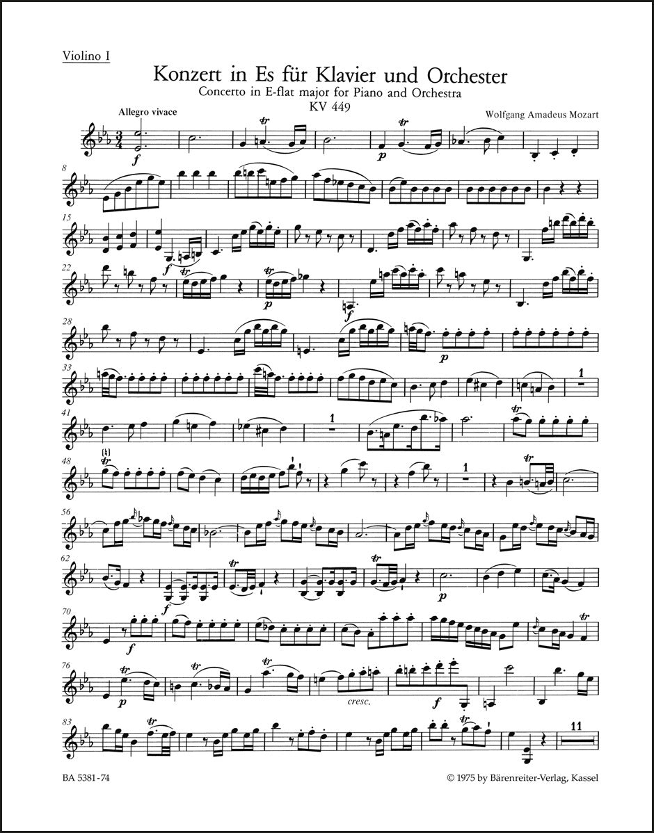 モーツァルト：ピアノ協奏曲第14番 変ホ長調 K. 449 ヴァイオリン1パート譜（ヴァイオリンパート譜）（3冊セット）