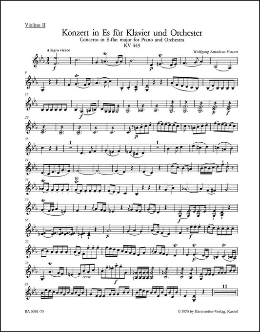 モーツァルト：ピアノ協奏曲 第14番 変ホ長調 K. 449（ヴァイオリンパート譜）（3冊セット）