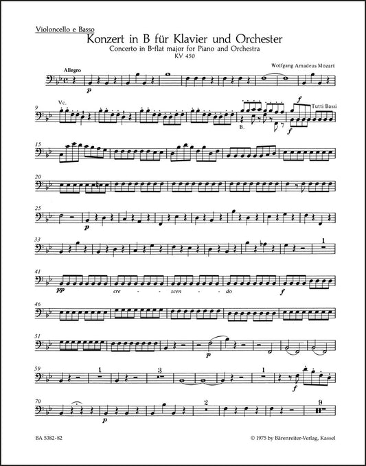 モーツァルト：ピアノ協奏曲第15番 変ロ長調 K. 450（チェロ／コントラバス）（チェロパート譜）（4冊セット）
