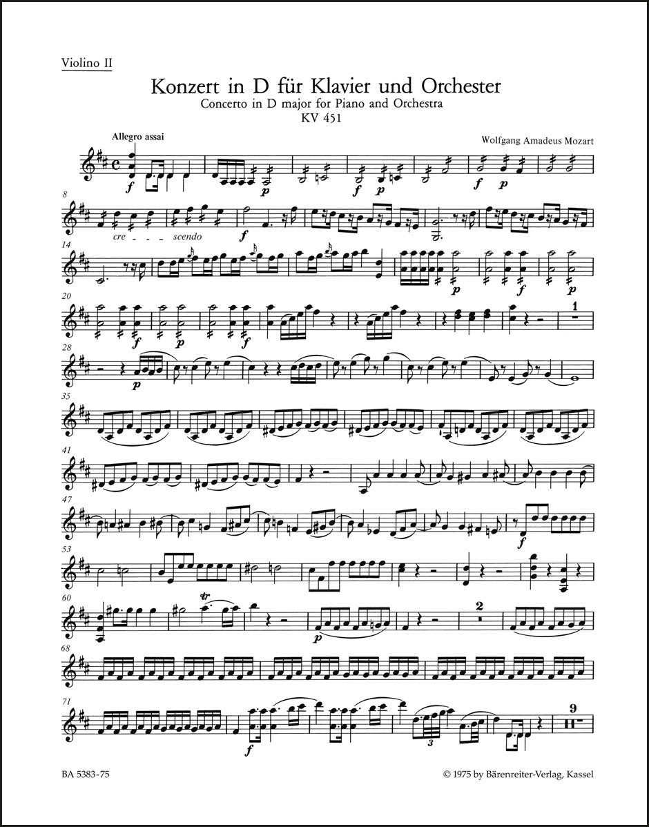 モーツァルト：ピアノ協奏曲 第16番 ニ長調 K. 451（ヴァイオリンパート譜）（4冊セット）