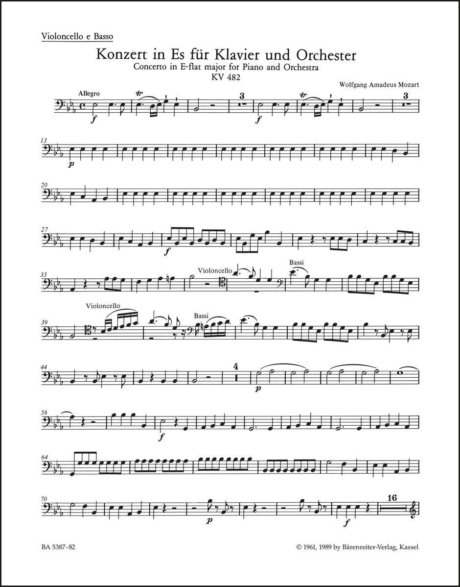 モーツァルト：ピアノ協奏曲第22番 変ホ長調 K. 482（チェロ／コントラバス・パート譜）（チェロパート譜）（2冊セット）
