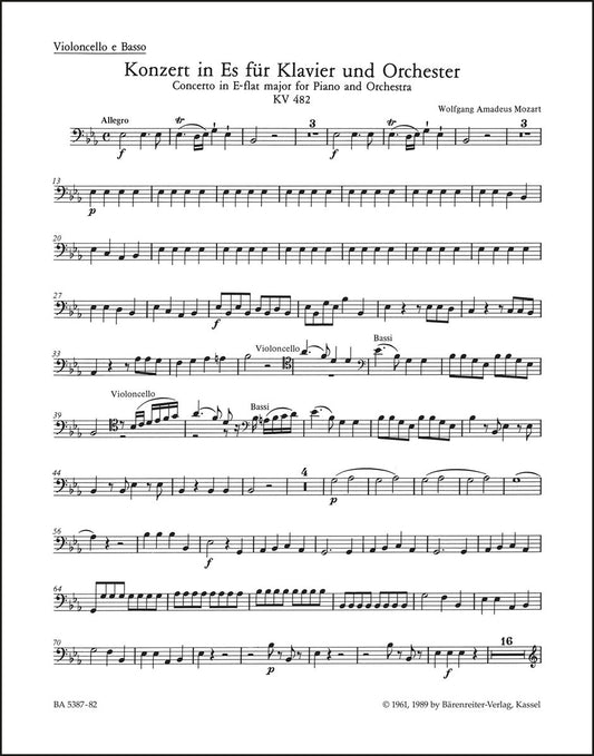 モーツァルト：ピアノ協奏曲第22番 変ホ長調 K. 482（チェロ／コントラバス・パート譜）（チェロパート譜）（2冊セット）