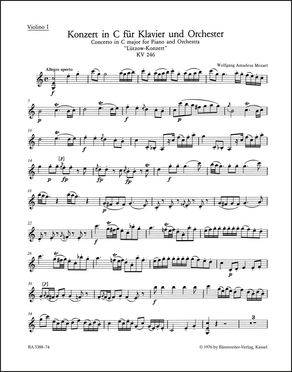 モーツァルト：ピアノと管弦楽のための協奏曲 第8番 ハ長調 K. 246「リュッツォウ協奏曲」ヴァイオリン1パート譜（ヴァイオリンパート譜）（3冊セット）