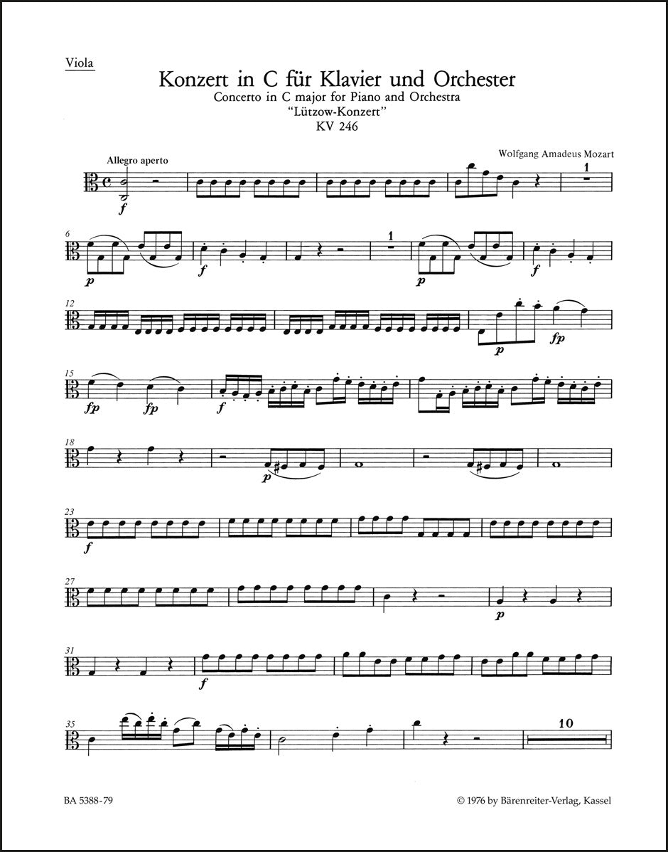 モーツァルト：ピアノ協奏曲 第8番 ハ長調 K. 246「リュッツォウ」（ヴィオラパート譜）（2冊セット）